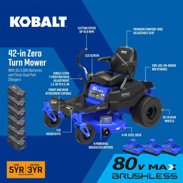 Kobalt Crossover 42-in 80-volt Lithium ion Electric Zero-turn riding lawn mower with ( 6 ) 5 Ah Batteries ( Charger Included ) - Image 13