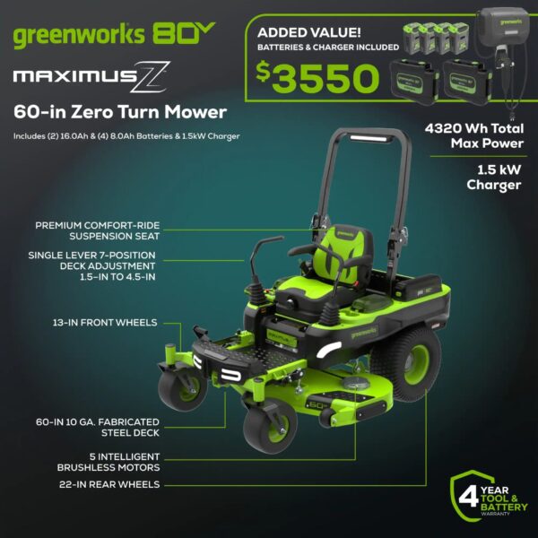 Greenworks Maximus 54-in 31 -HP Brushless motor Battery Zero-turn Riding Lawn Mower (CARB) - Image 3
