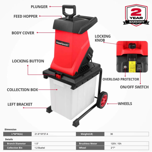 15Amp Electric Wood Chipper Leaf Mulcher w/ Collection Bin PS12A - Image 2