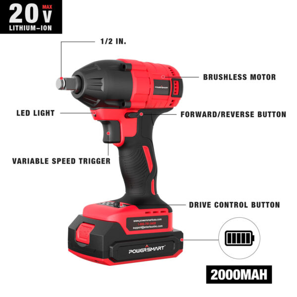20V Brushless Cordless Impact Wrench w/ Battery, Charger and Power Bits/Nut Drivers/Sockets Set PS76142B - Image 2