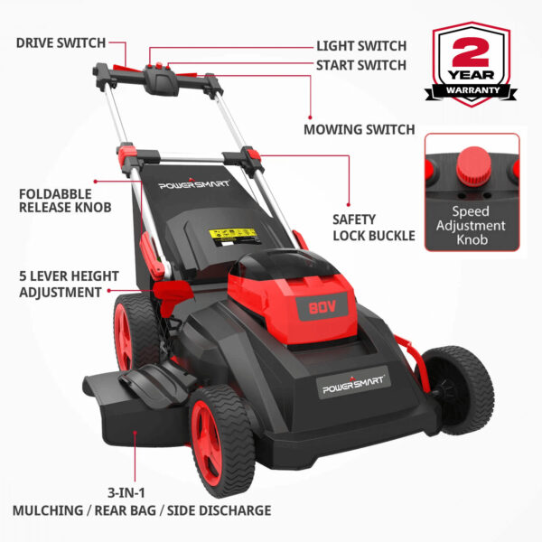 80V 26" Brushless Cordless Self-propelled Lawn Mower Red PS76826SRB - Image 2