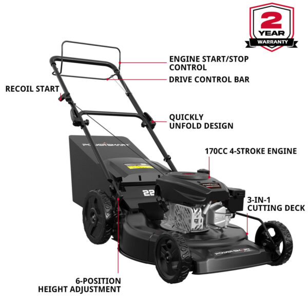 22" 170cc Gas Self-Propelled 3-in-1 Lawn Mower V8622S - Image 2